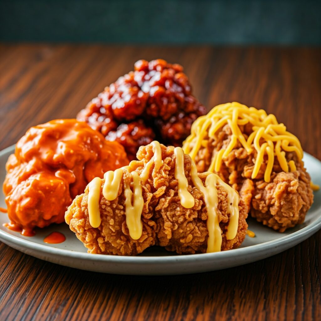 buffalo fried chicken, honey soy fried chicken and cheesy fried chicken flavors in one plate